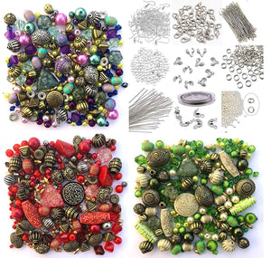 Jewelry Making Beads Mix Starter Kit for Beginners in Purple Red & Green & Jewelry Findings